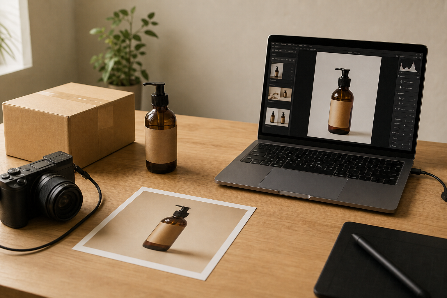 Product photography workflow with a camera, product sample, laptop and print proof